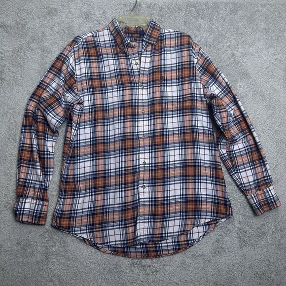 IZOD Mens Large Plaid Flannel Shirt Button Down Blue Orange Cotton Blend Pre-Own - Picture 11 of 12